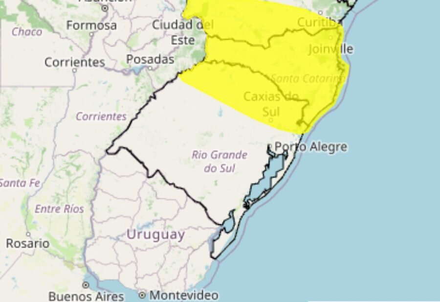Parte do RS está sob alerta amarelo de chuva intensa nesta sexta-feira
